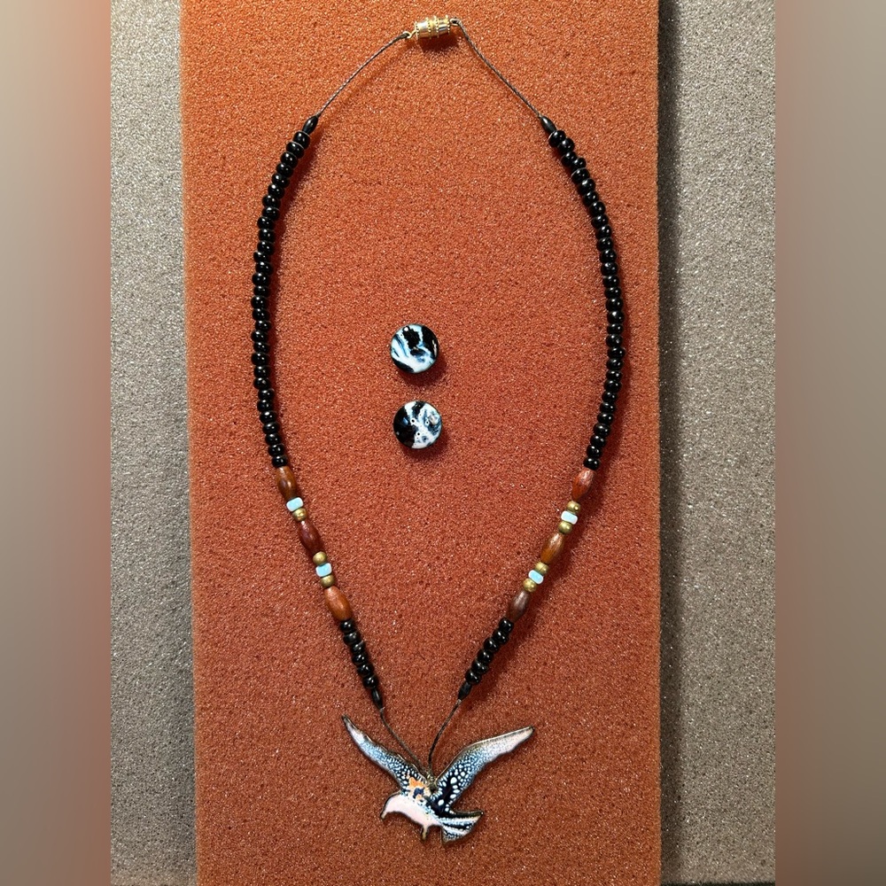 Artistic seagull necklace & stud earrings in dark blue enamel on copper
